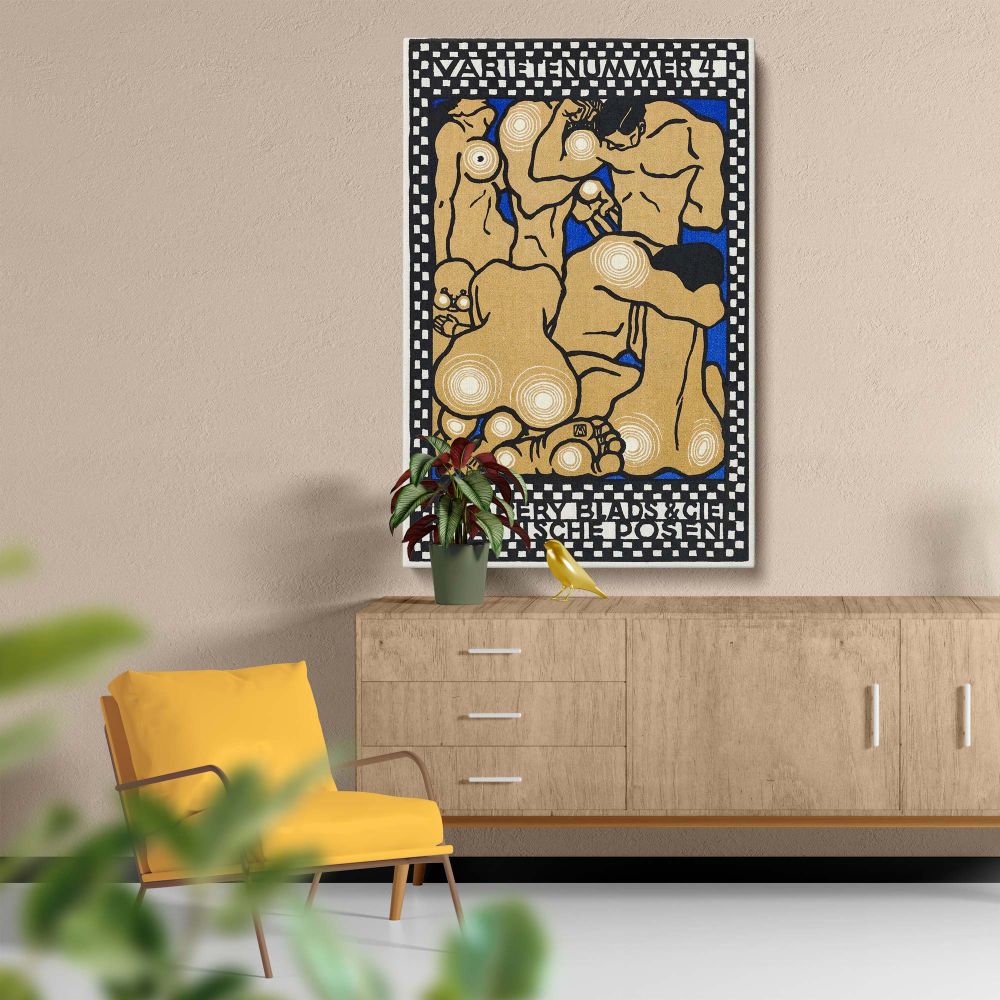 Vaudeville Act 4 Bumbery Blads & Cie Plastic Poses artwork featuring abstract human forms in theatrical poses, accented by white circular highlights and framed with bold geometric checkered designs against a striking blue and earthy-toned backdrop.