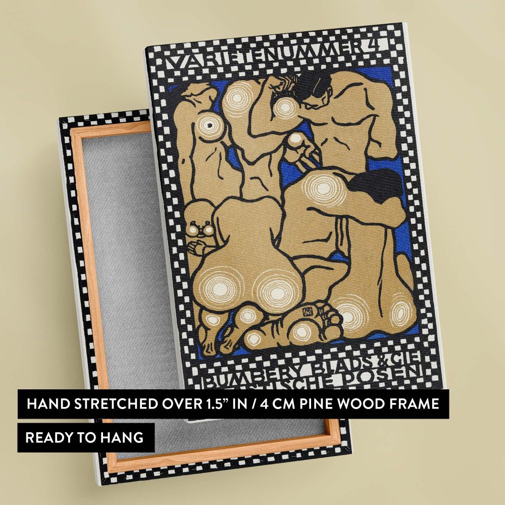 Bold expressive artwork titled Vaudeville Act 4 Bumbery Blads & Cie Plastic Poses, showcasing stylized human forms intertwined in dynamic poses with earthy tones, vibrant blue accents, circular highlights, and geometric patterned frames.
