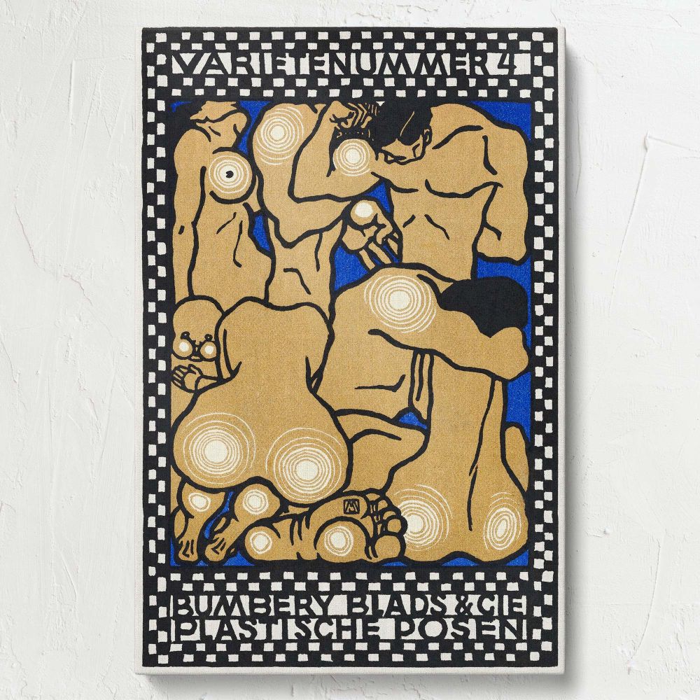 Graphic art print Vaudeville Act 4 Bumbery Blads & Cie Plastic Poses, featuring theatrical human figures in dynamic abstract poses, bold outlines, earthy hues, circular white accents, and geometric black-and-white checkered borders.