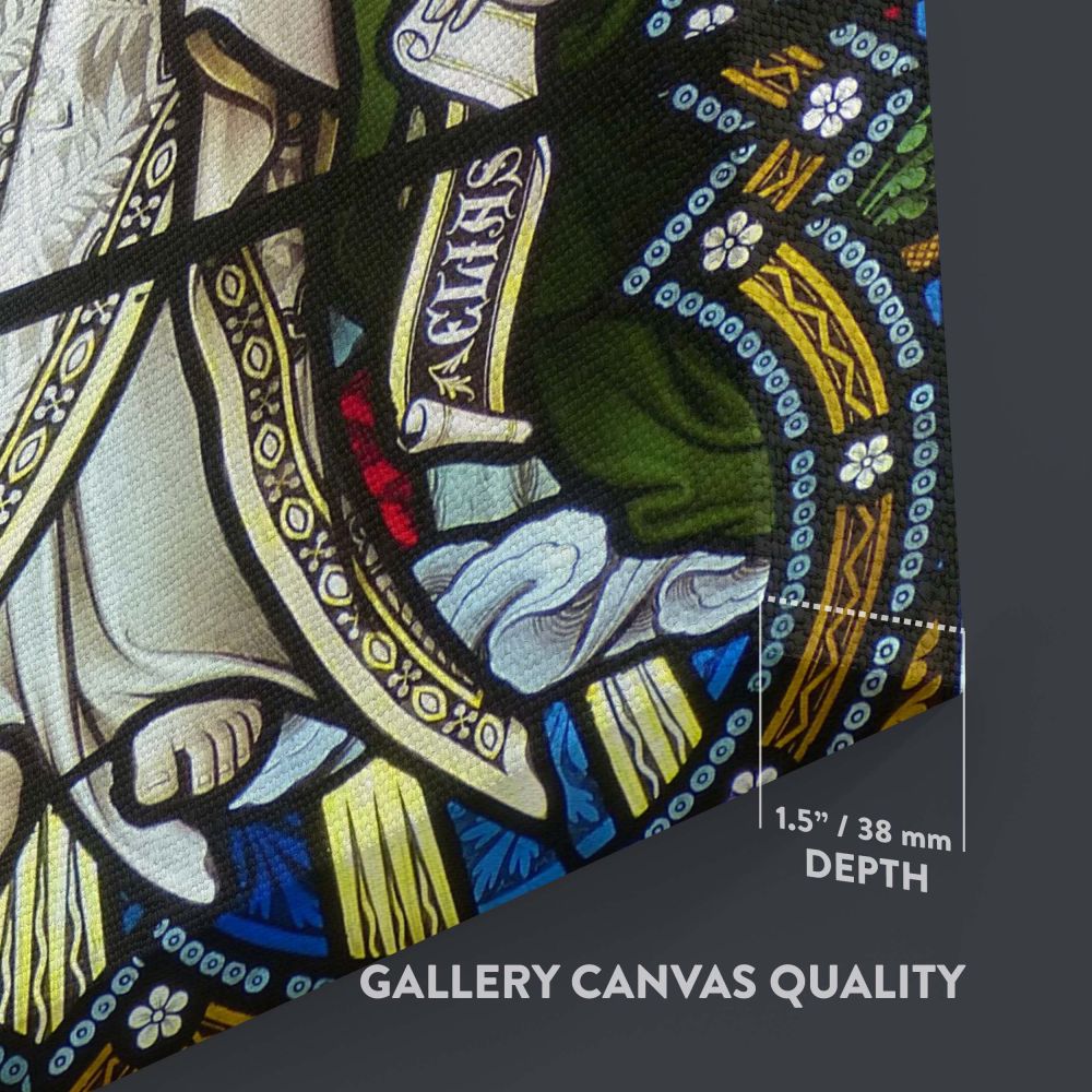 Intricate stained glass church window portraying Christ in radiant light, with Moses holding stone tablets and Elijah carrying a prophetic scroll, framed by ornate Gothic floral designs and colorful geometric patterns reflecting religious artistry.