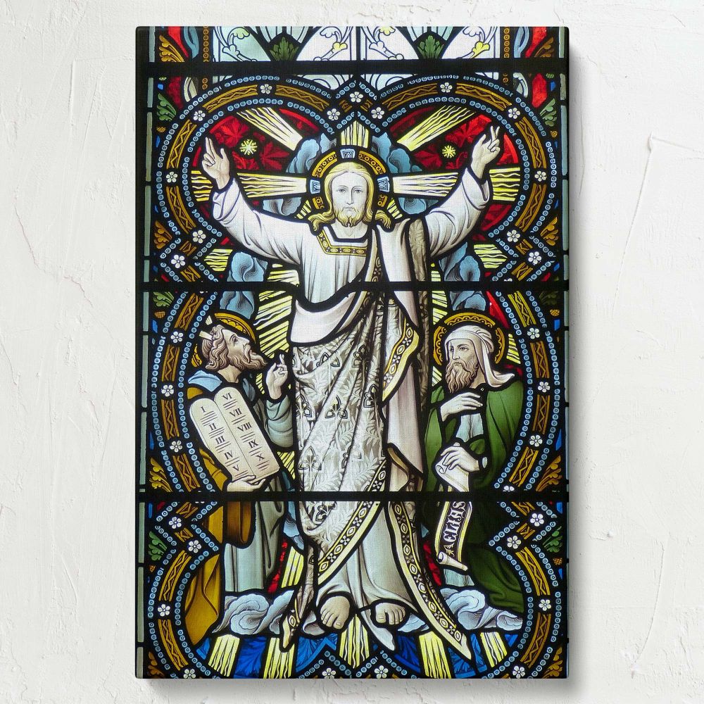 Detailed stained glass church window depicting a religious scene of Christ with Moses and Elijah, surrounded by radiant beams of light, intricate floral Gothic patterns, and rich stained glass colors showcasing sacred artistry and spiritual devotion.