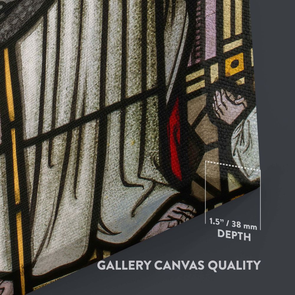 Sacred stained glass window featuring a saint in flowing robes holding a book and staff, with a halo around his head, accompanied by a kneeling figure in prayer, set against colorful Gothic geometric designs and radiant stained glass patterns.