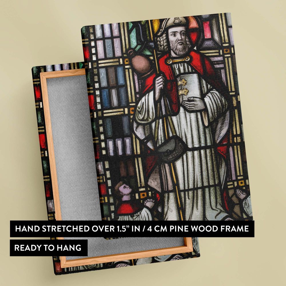 Gothic-style stained glass church window featuring a saint in red and white robes holding a sacred book and staff, with a glowing halo, surrounded by intricate geometric patterns and radiant stained glass hues in a sacred setting..
