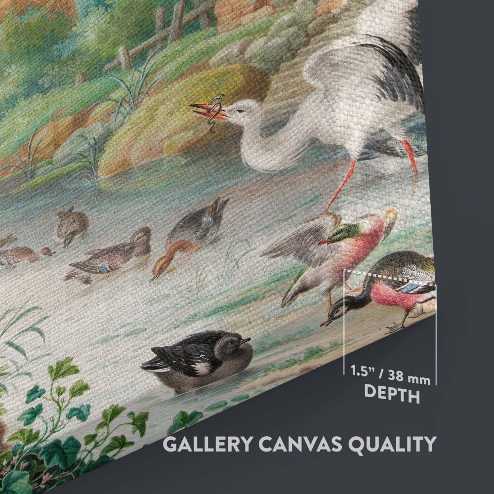 Classic nature painting showcasing a mountain stream surrounded by colorful birds, a wooden watermill, ruins, vibrant plants, and a soft sky filled with distant birds, skillfully painted by Herman Henstenburgh in an elegant vintage art style.