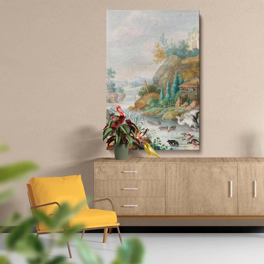 Detailed painting of a mountain stream surrounded by colorful birds, rustic watermill, and ancient ruins, painted by Herman Henstenburgh with intricate brushwork, vibrant colors, and a tranquil natural atmosphere captured on canvas.