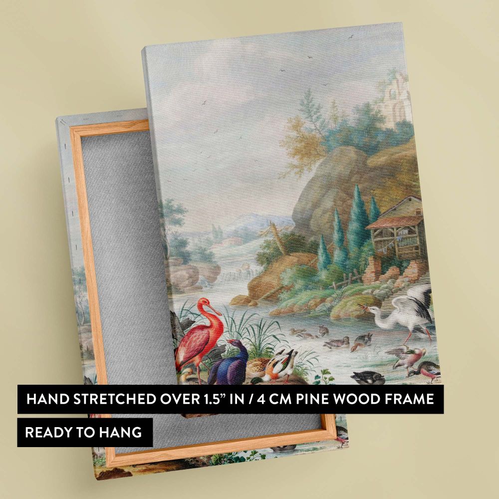 Vintage art featuring a mountain stream surrounded by various birds, a wooden millhouse, and ancient ruins nestled in a lush green landscape, created by Herman Henstenburgh with masterful attention to detail and vibrant color composition.