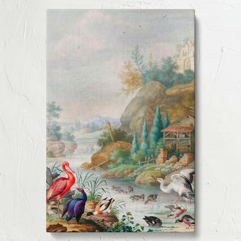 Natural landscape artwork showing colorful birds, including flamingos and herons, gathered near a peaceful mountain stream with a rustic wooden watermill, ancient ruins, and lush greenery painted by Herman Henstenburgh in soft vintage tones.