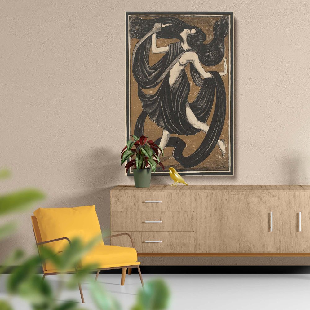 Timeless art nouveau illustration by Henk Schilling showing a dancer mid-motion in cascading black drapery, expressive flowing hair, and a bold pose, skillfully composed on a warm golden background with strong lines and elegant curves.