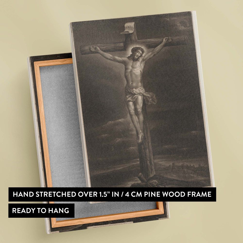 Antique religious print Christus aan het kruis (1771) by Richard Brookshaw and Anthony van Dyck showcasing Christ nailed to the cross with a halo of divine light surrounded by a dark, stormy sky reflecting sacrifice and spiritual devotion.