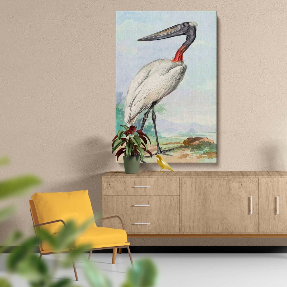 Classic wildlife painting Jabiru (1770) by Aert Schouman portrays a stork with fine feather details, a long black beak, and a vibrant red neck, poised in an elegant landscape with soft pastel sky tones and rolling green foliage in the background.