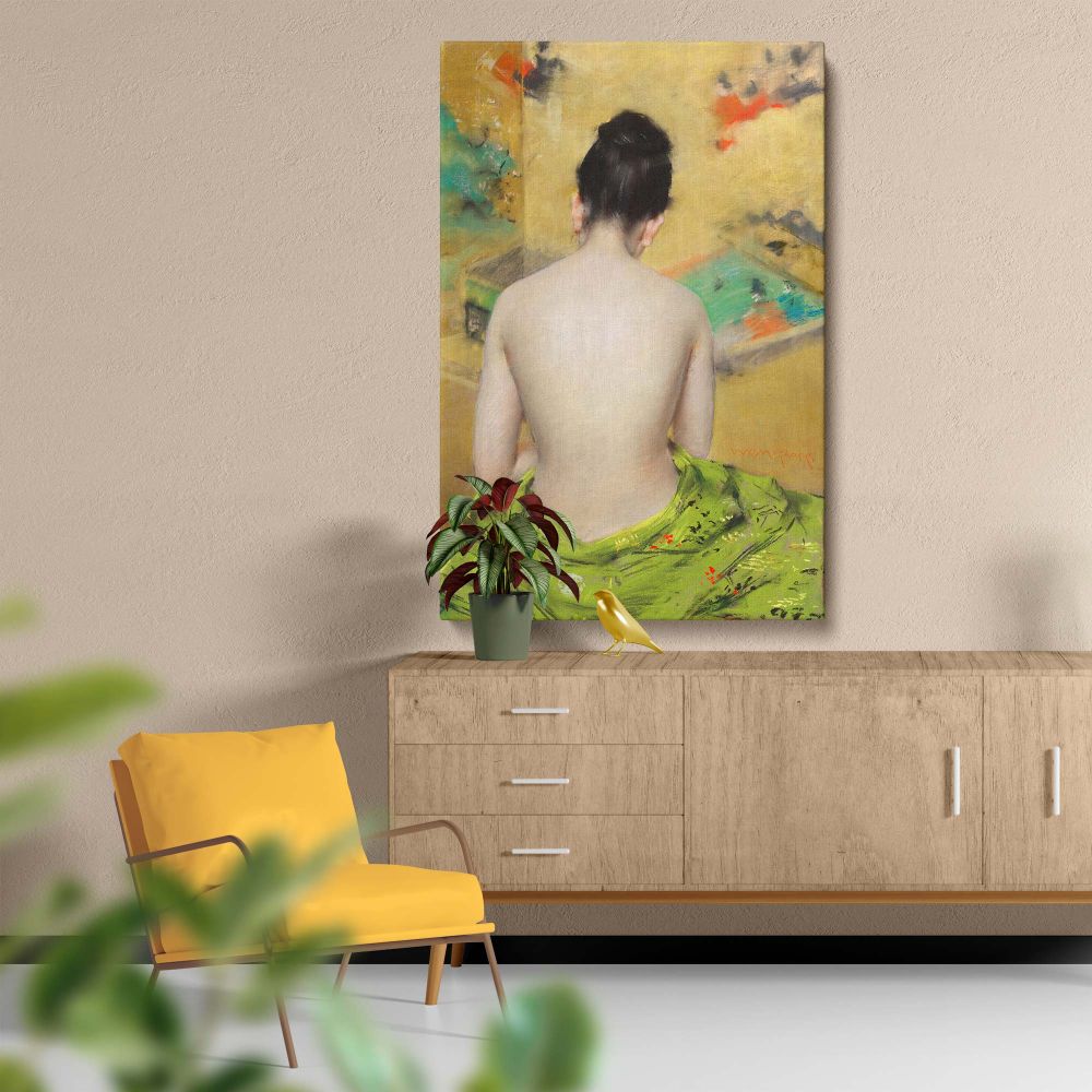 Fine art painting of a nude Japanese woman gracefully seated with her back exposed, partially draped in a detailed green kimono. The golden backdrop, adorned with soft abstract brushstrokes, enhances the vintage aesthetic and serene atmosphere.