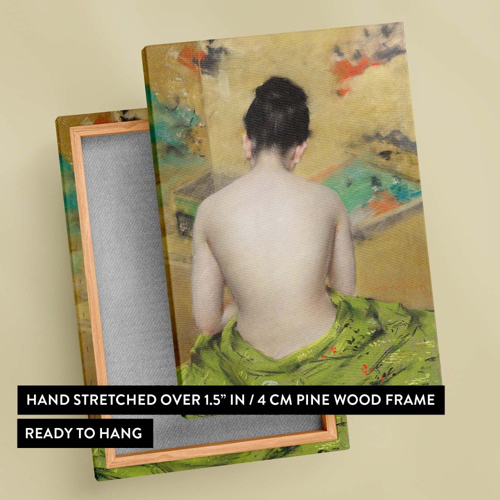 Sensual vintage artwork depicting a Japanese woman seated with her bare back exposed, elegantly draped in a green kimono with floral designs. The golden background is filled with abstract patterns, adding artistic depth to the intimate composition.