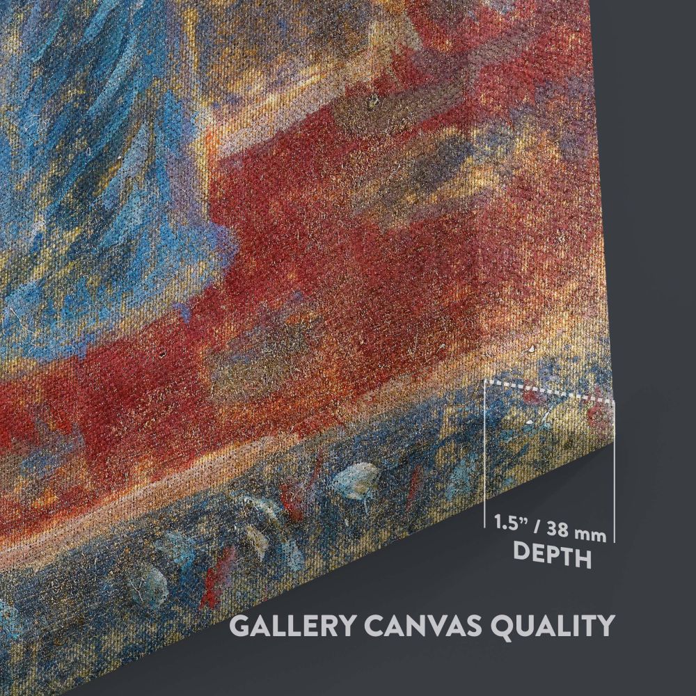 Classic Impressionist artwork by Camille Pissarro, Bouquet de fleurs, displaying an arrangement of lush red, pink, and white flowers in a blue vase on a richly colored red surface, with soft background tones adding depth and tranquility.
