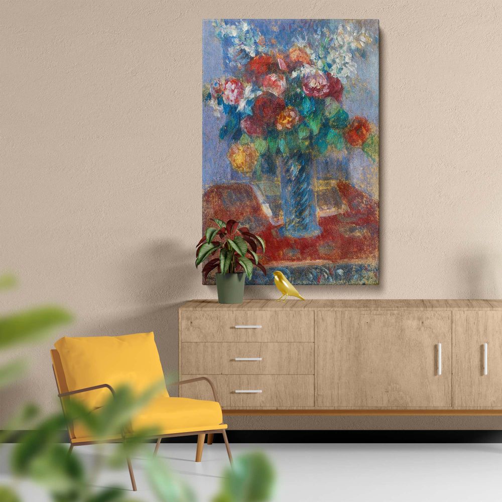 Impressionist floral painting Bouquet de fleurs by Camille Pissarro, featuring vibrant flowers in red, pink, and white hues arranged in a twisted blue glass vase on a red cloth, blending expressive brushwork with harmonious light and shadow.