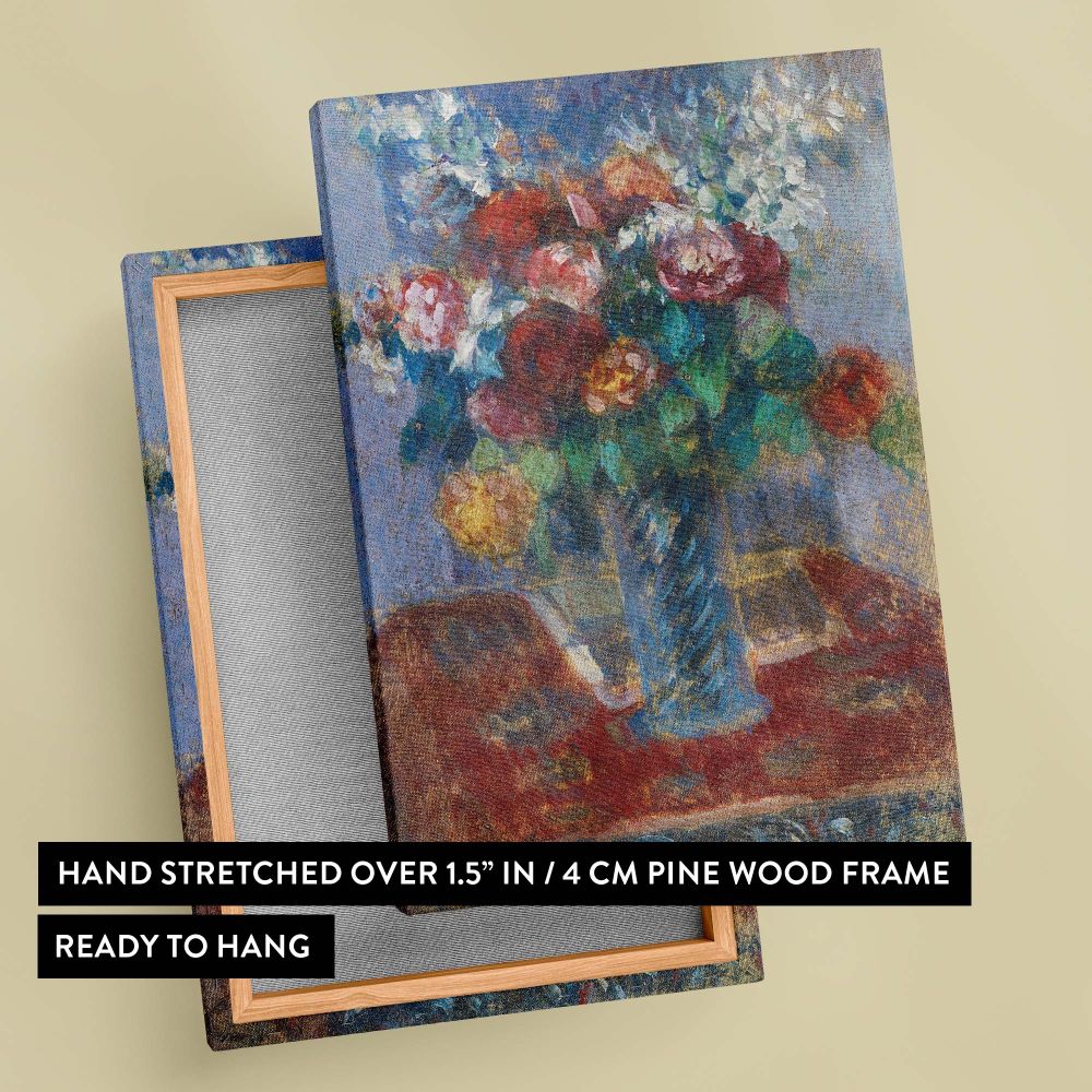 Bouquet de fleurs by Camille Pissarro, a masterful floral painting with a twisted blue glass vase filled with vibrant flowers in shades of red, pink, and white, set against a textured red surface and a soft-toned background, exuding Impressionist charm.