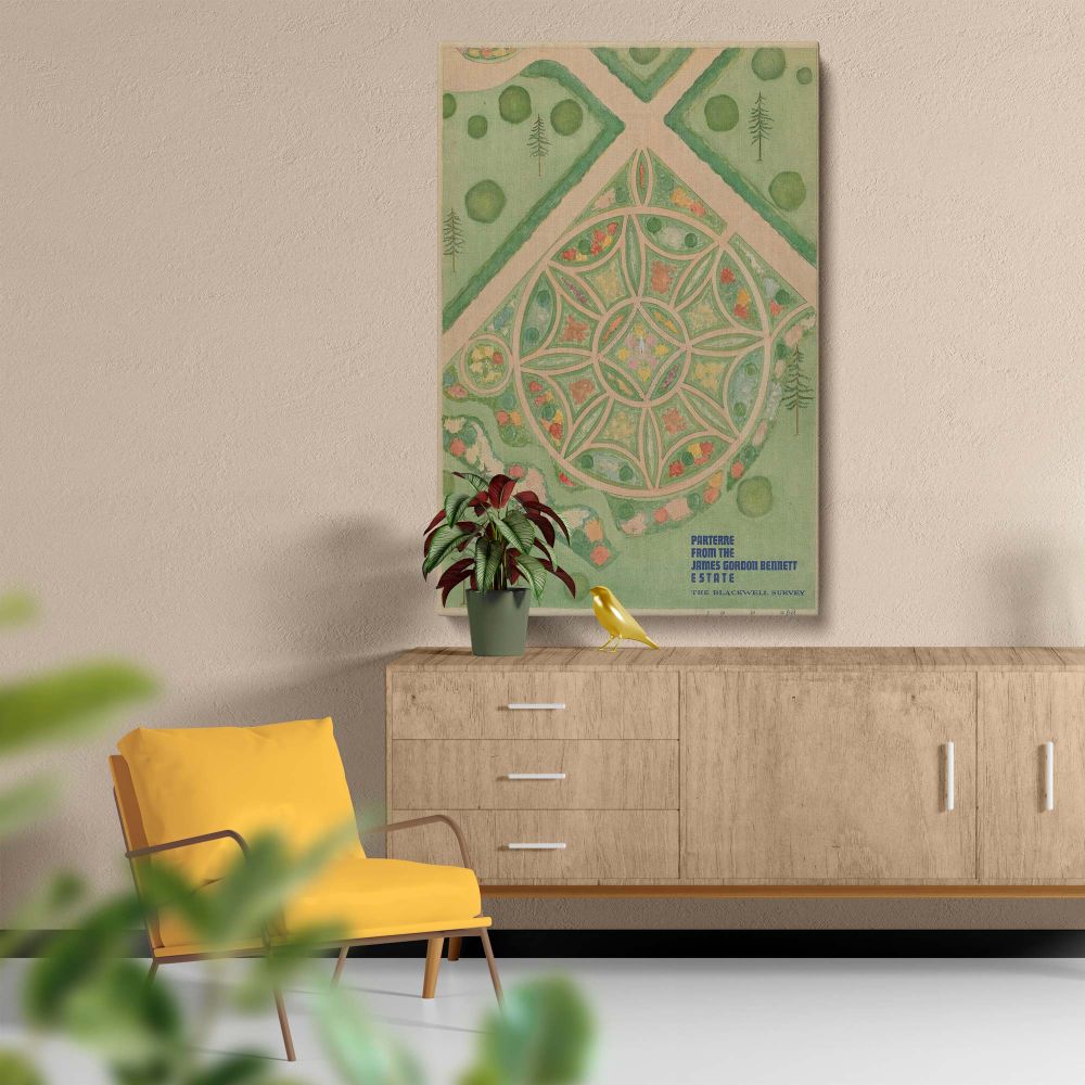 Historic parterre garden design illustration from the J.G. Bennett Estate with geometric floral patterns, intricate symmetry, vibrant colors, intersecting pathways, and lush greenery, framed by ornamental trees and artistic landscaping details.