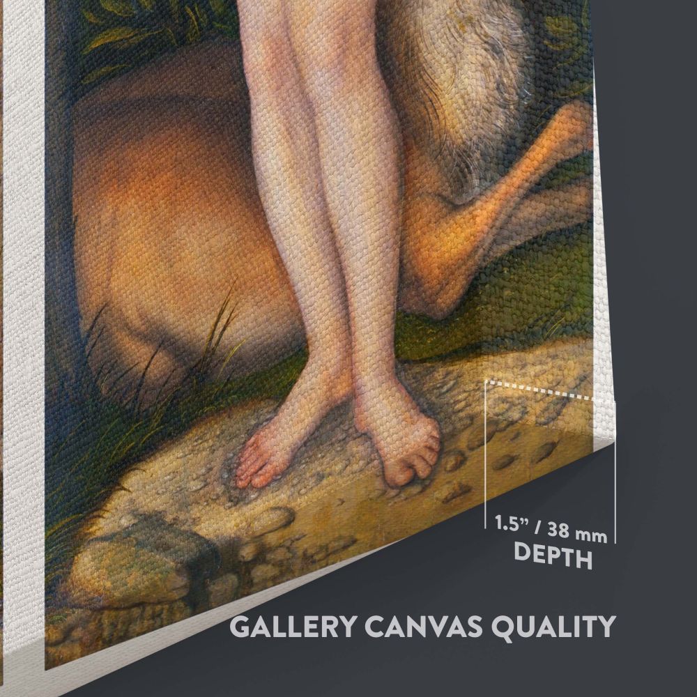 Lucas Cranach's Renaissance painting of Adam and Eve, featuring Adam holding a branch and Eve clutching the forbidden apple, surrounded by lush greenery and symbolic elements, depicting the iconic biblical tale of temptation and the fall of humanity.