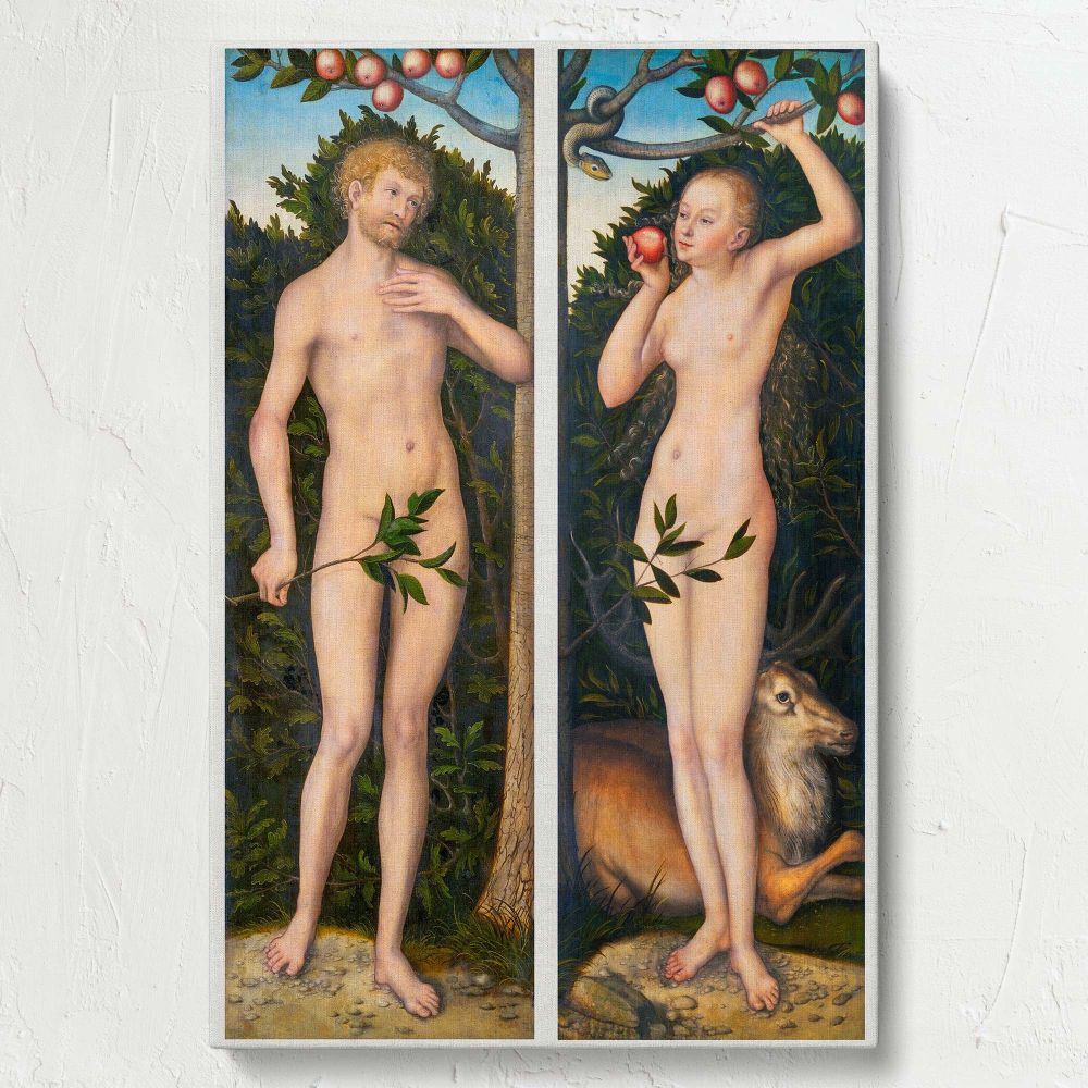 Religious artwork by Lucas Cranach the Elder portraying Adam and Eve in the Garden of Eden, Eve holding the forbidden fruit, Adam modestly covered with leaves, with a serpent hanging above in a vivid Renaissance depiction of temptation and innocence.
