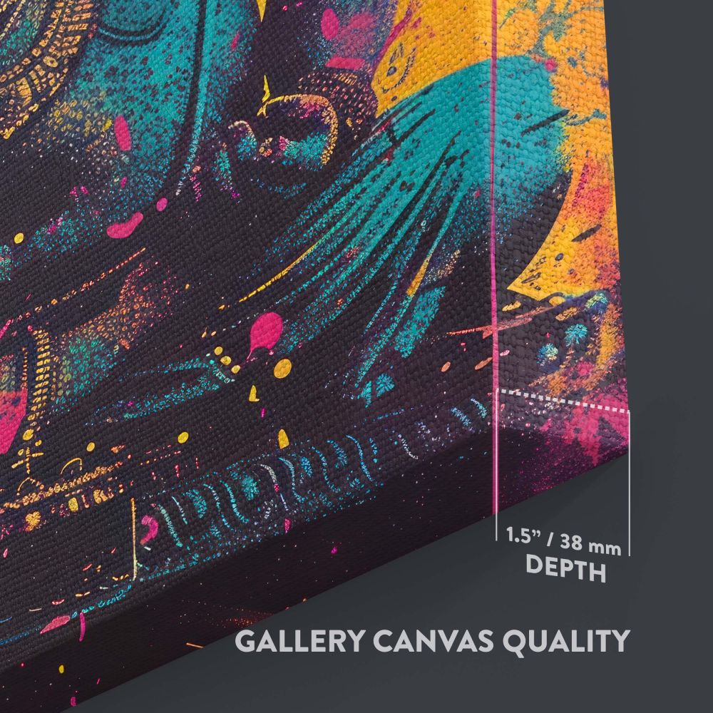 Colorful and intricate representation of Lord Ganesha in contemporary art style, featuring bold splashes of bright yellow, pink, and blue hues combined with fine gold detailing, embodying spiritual strength, prosperity, and divine energy.