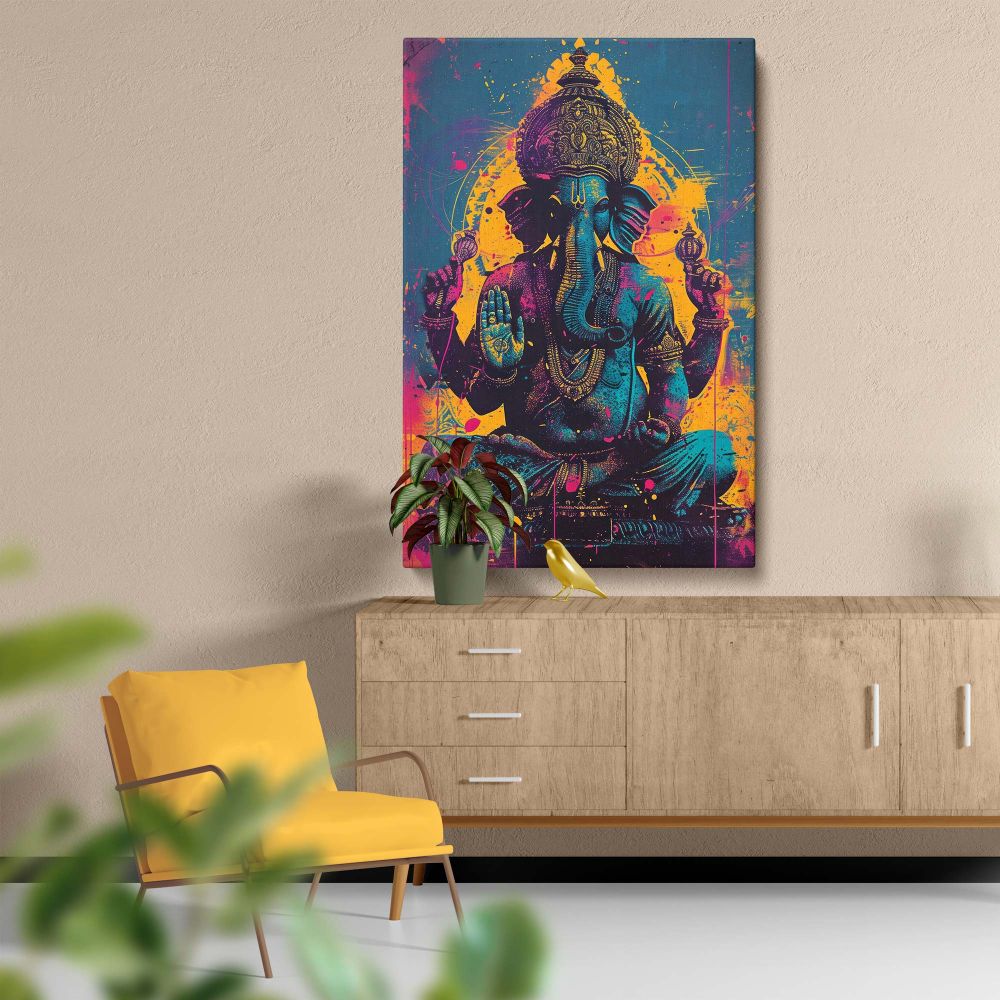 Spiritual artwork of Lord Ganesh depicted in vibrant shades of pink, yellow, and blue with ornate patterns and fine gold detailing, symbolizing wisdom, prosperity, and spiritual growth, perfect for yoga studios or meditation spaces.