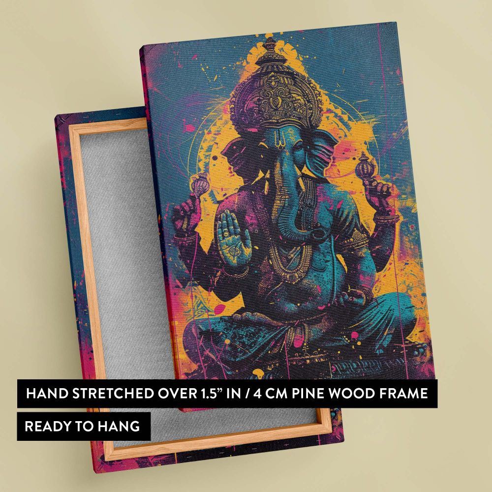 Modern Ganesh artwork with bold colors, radiant energy, intricate detailing, and symbolic representation of the Hindu deity, designed to inspire spiritual focus and cultural appreciation in meditation spaces or sacred home decor.