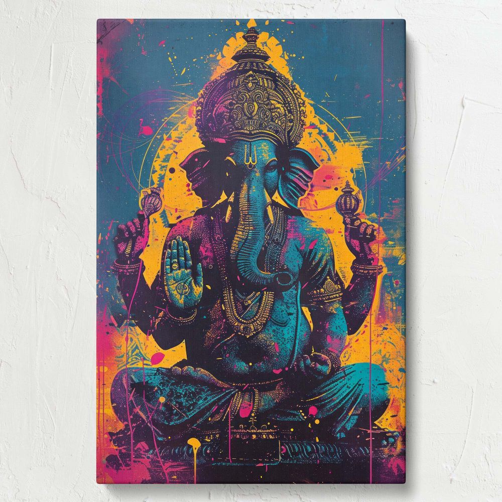 Contemporary painting of Lord Ganesha blending vibrant modern art styles with traditional spiritual symbolism, featuring bright blue, gold, and pink tones with intricate crown and jewelry details, radiating divine peace and wisdom.