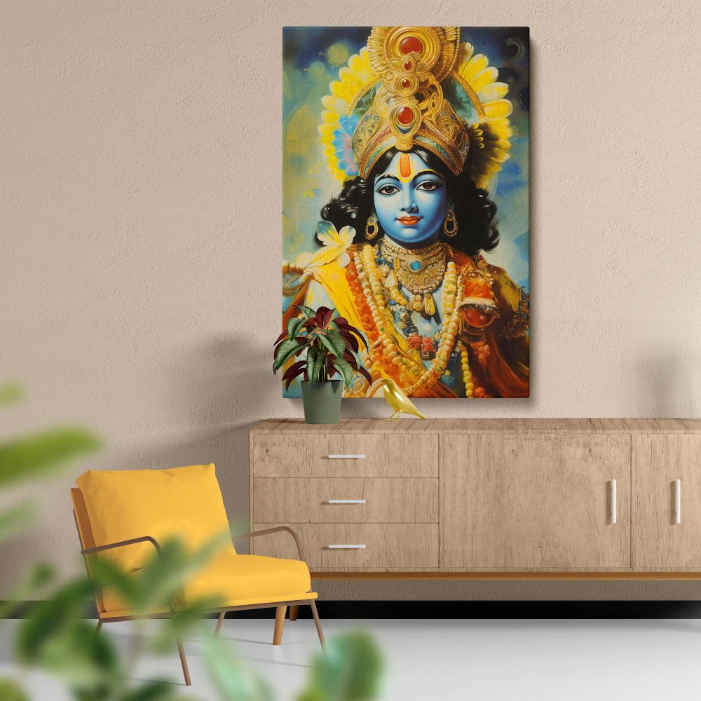 Sacred wall art depicting Lord Krishna in celestial glory with an ornate crown, detailed golden jewelry, vibrant robes, and a serene expression, symbolizing Janmashtami celebrations and cultural spiritual significance for home decor or prayer rooms.