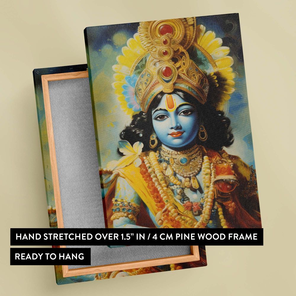Krishna Janmashtami spiritual art with vibrant celestial colors, intricate golden crown, traditional jewelry, and cultural symbolism, celebrating the Hindu god Krishna's divine presence in a richly detailed artistic representation for sacred decor spaces.