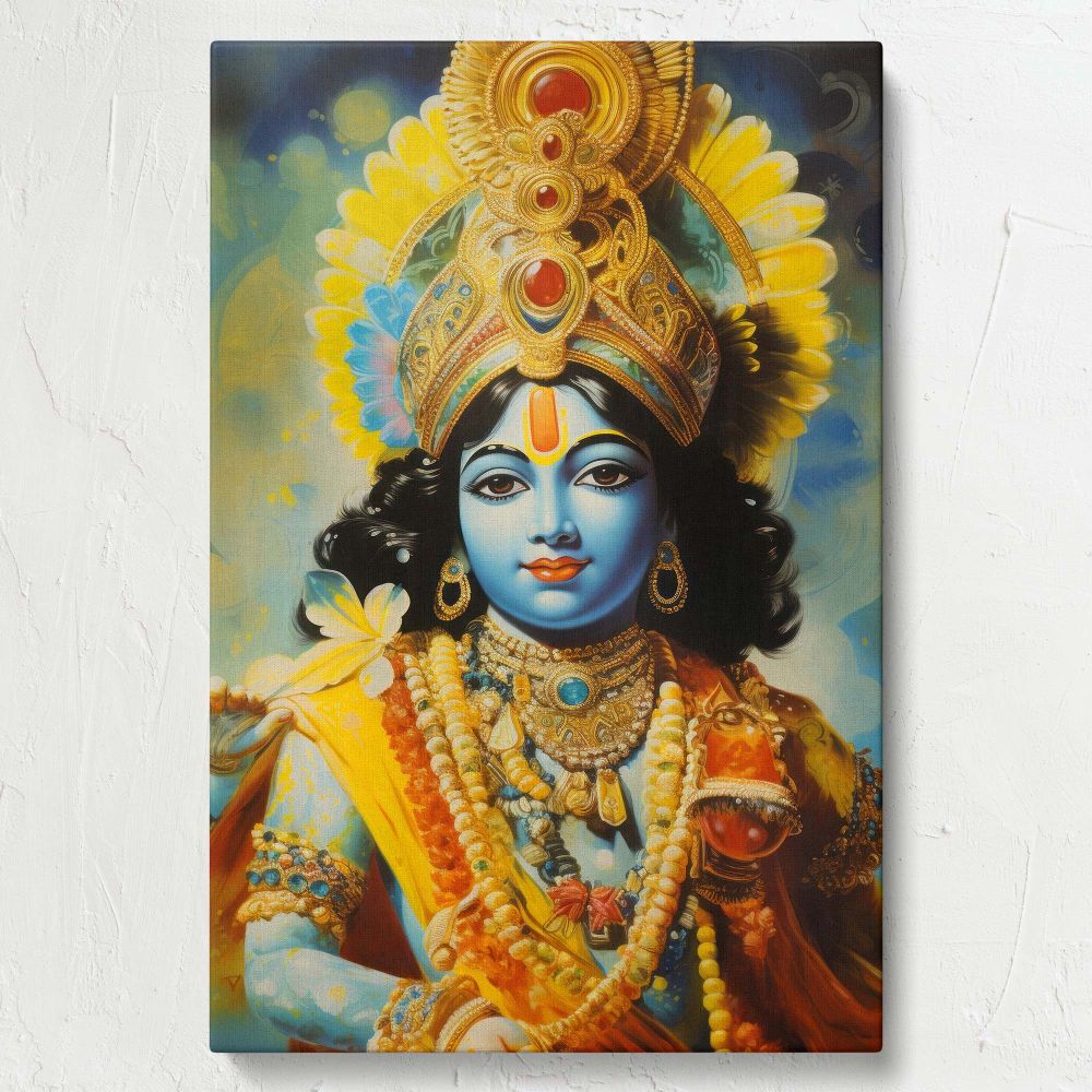 Traditional Lord Krishna wall art depicting divine beauty with a celestial background, golden crown, ornate jewelry, and intricate details, symbolizing spirituality, devotion, and Janmashtami celebrations in vibrant Indian art style.