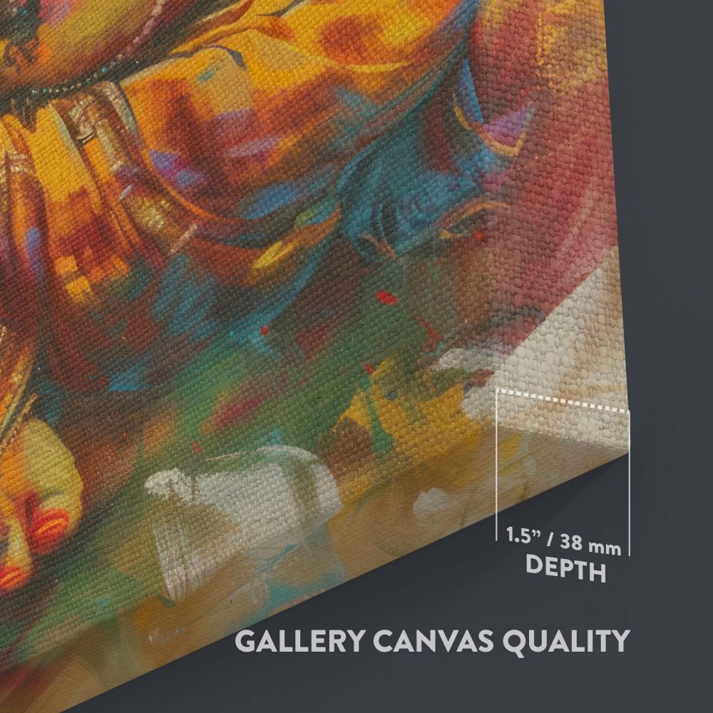 Colorful Ganesha painting showcasing intricate gold adornments, bold vibrant colors, and spiritual symbolism, capturing the essence of Hindu tradition, wisdom, and artistic craftsmanship in an awe-inspiring visual representation on canvas.