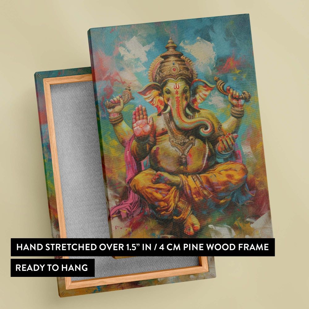 Lord Ganesha painting with vivid splashes of color, intricate gold detailing, and traditional Hindu symbolism, representing wisdom, prosperity, and cultural heritage in a breathtaking artistic representation set on a vibrant canvas.