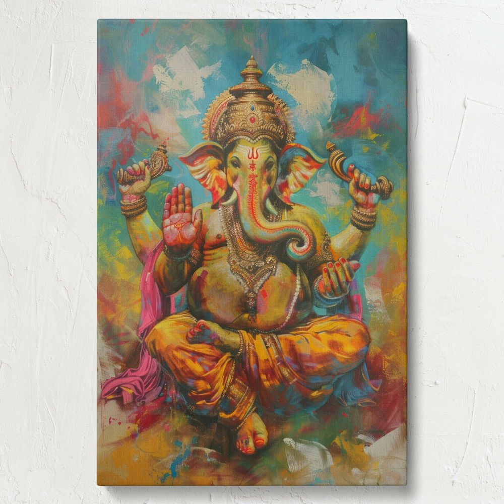 Spiritual artwork depicting Lord Ganesha with golden crown, colorful attire, and symbolic attributes, set against a dynamic background, representing wisdom, prosperity, and cultural heritage in a vibrant and detailed painting on canvas.