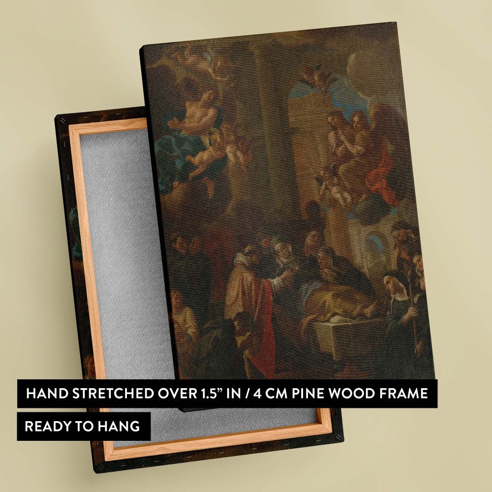 Historical sacred painting depicting a saint on their deathbed, surrounded by grieving figures in prayerful devotion, with hovering angels radiating heavenly light and classical architecture framing the emotional and spiritual depth of the scene.
