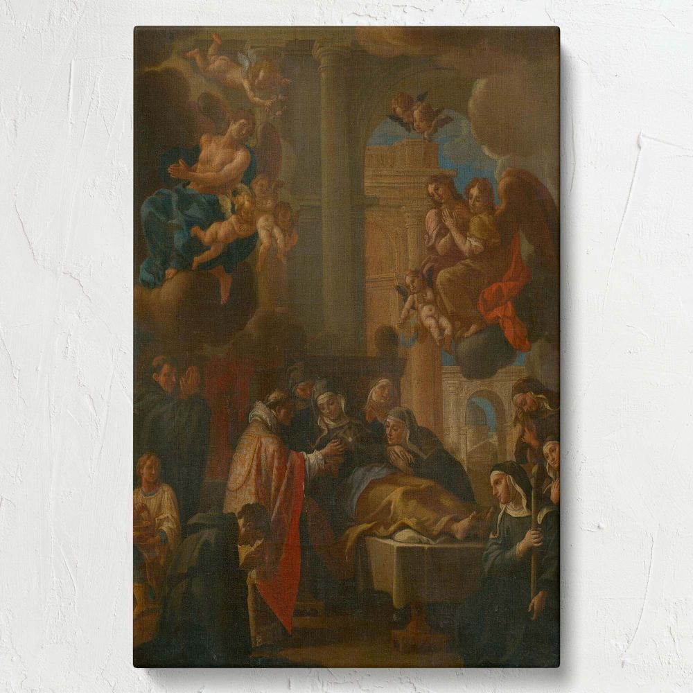 Emotional Baroque painting showcasing a saint's death surrounded by clergy and mourners, with angelic figures hovering above and casting radiant light, while the backdrop of grand architectural structures adds depth and majesty to the sacred moment.