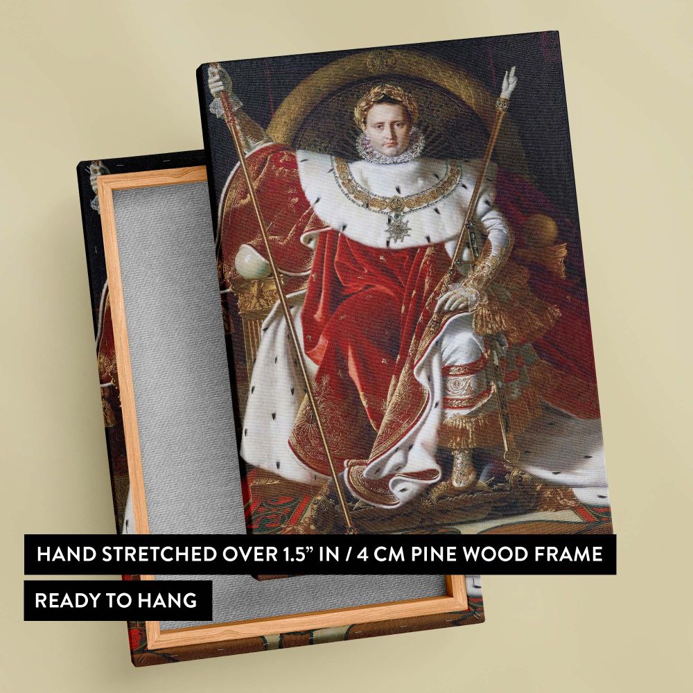 Jean Auguste Dominique Ingres's masterpiece Napoleon I on His Imperial Throne portrays Napoleon seated in an opulent golden throne, dressed in royal red and white robes, holding a scepter and hand of justice, symbolizing leadership and sovereignty.