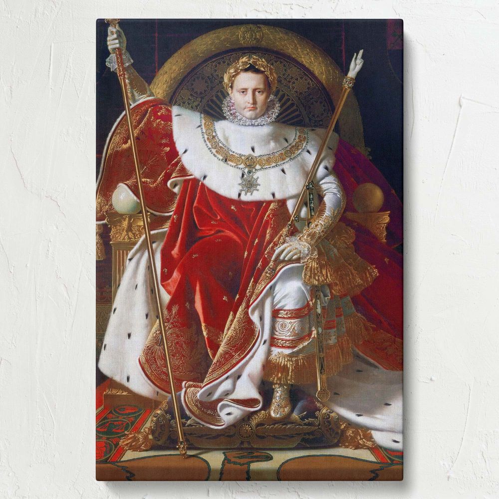 Neoclassical painting of Napoleon I by Jean Auguste Dominique Ingres, showcasing the French emperor seated on an ornate throne, wearing elaborate gold-embroidered robes, holding symbolic artifacts representing imperial authority, justice, and monarchy.