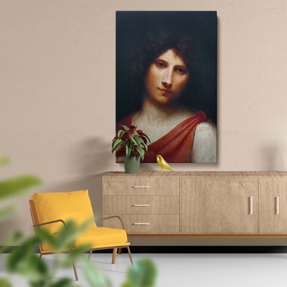 Giorgione's Youth Holding an Arrow painting captures a youthful figure in Renaissance style, holding an arrow symbolizing love or martyrdom, with delicate facial features, illuminated softly against a shadowy background, wearing rich red draped clothing.