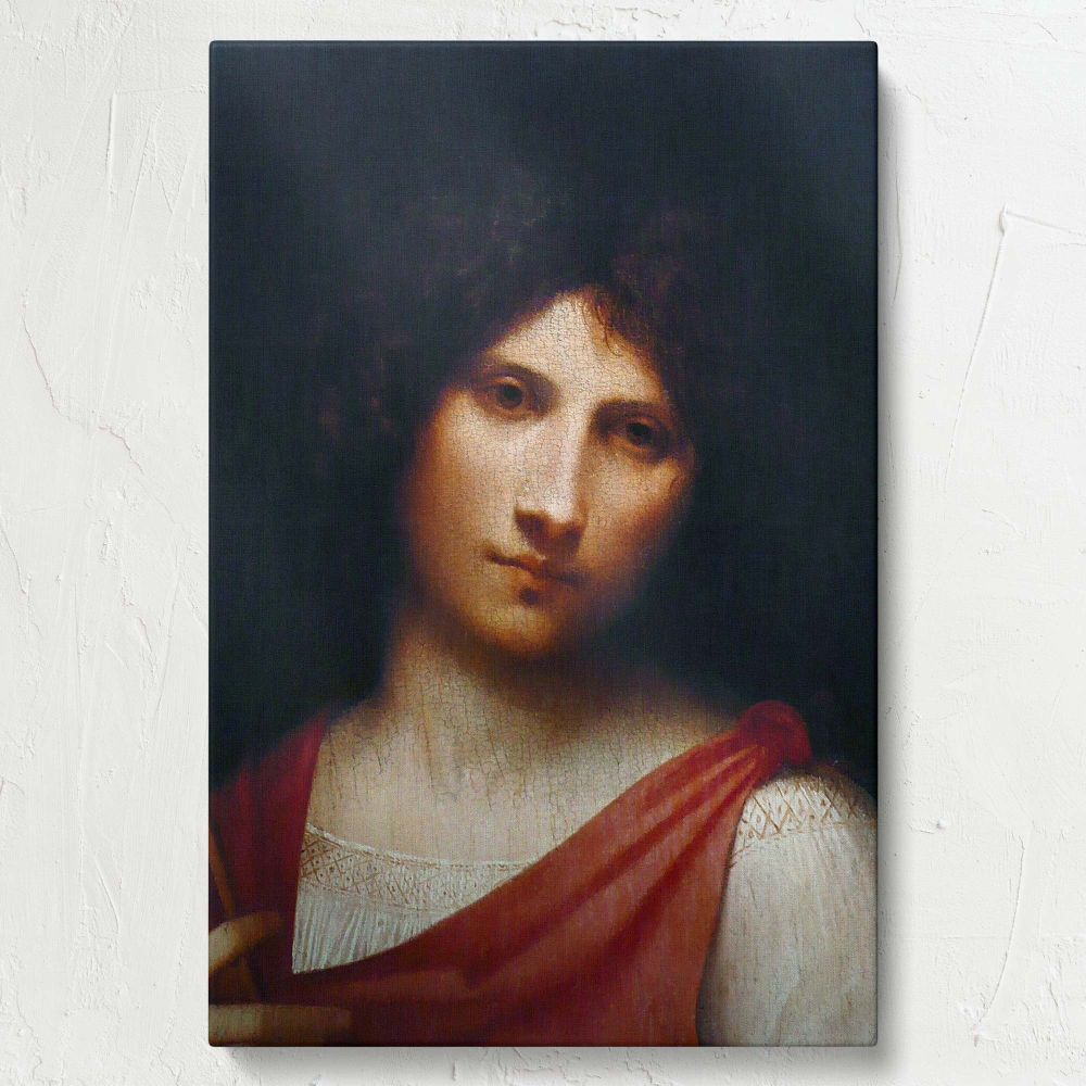 Giorgione's iconic painting Youth Holding an Arrow portrays a serene young subject, delicately holding an arrow, wearing red draped fabric, with luminous skin, gentle expression, and chiaroscuro lighting set against a shadowed Renaissance backdrop.