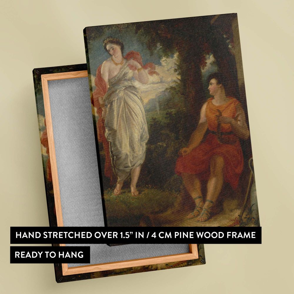 Timeless oil painting featuring Venus and Anchises in a mythological forest encounter, with Venus in flowing robes illuminated by sunlight and Anchises seated with a snake, symbolizing their storied relationship in classical mythology.