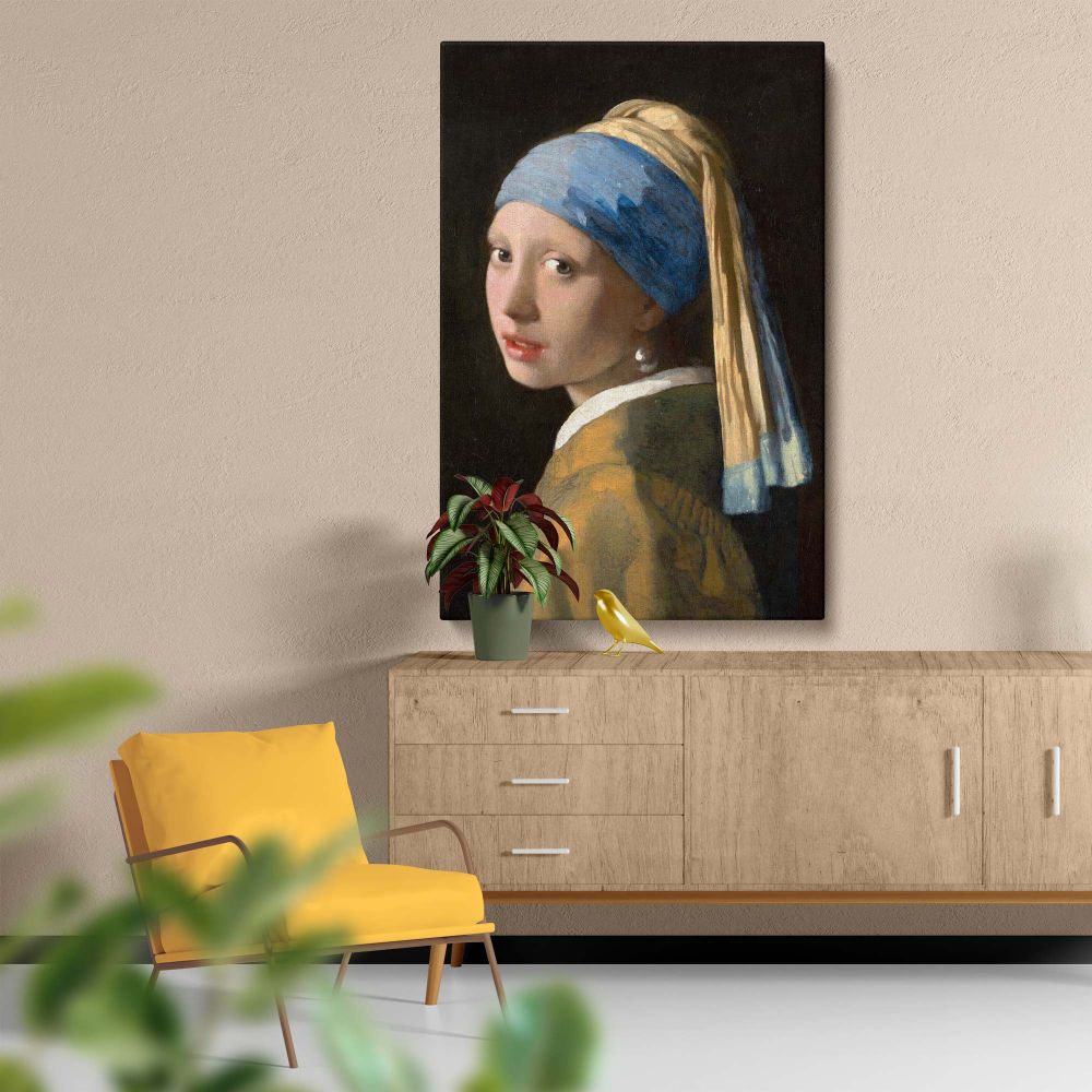 Timeless portrait Girl with a Pearl Earring by Johannes Vermeer, featuring a young girl with a radiant pearl earring and a vibrant blue headscarf, celebrated for its remarkable use of light, expressive gaze, and impeccable attention to detail.