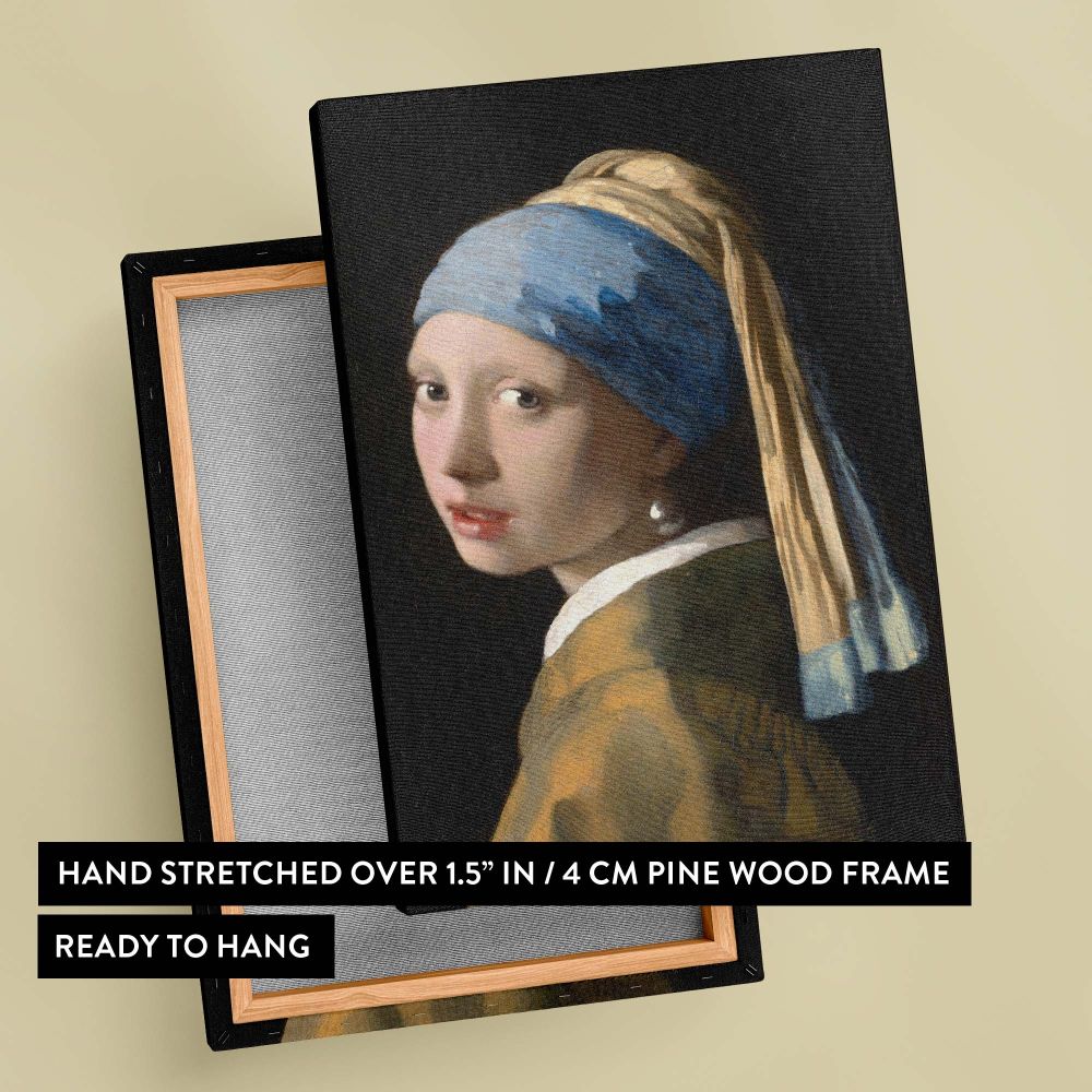 Girl with a Pearl Earring by Johannes Vermeer, a Dutch Baroque painting illustrating a girl with a striking pearl earring and a flowing blue headscarf, set against a dark background, highlighting her enigmatic expression and soft, glowing skin tones.