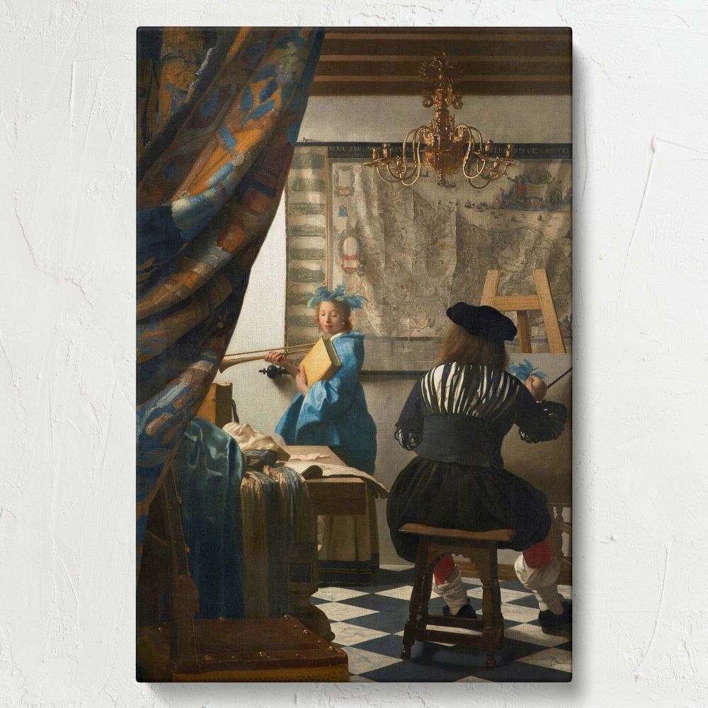 Dutch painting The Allegory of Painting by Johannes Vermeer, featuring a painter and muse in a detailed interior with a curtain, map, and chandelier, symbolizing the connection between art, history, and the artist's creative vision.