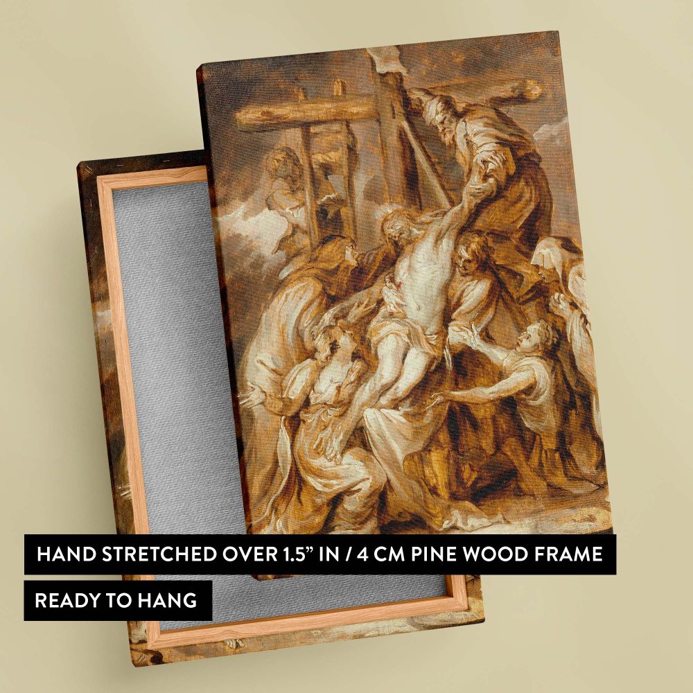 The Baroque painting The Deposition by Abraham van Diepenbeeck represents Christ being taken down from the cross, surrounded by mourners in anguish, with dramatic brushwork, emotional depth, and sacred symbolism portrayed in every figure.