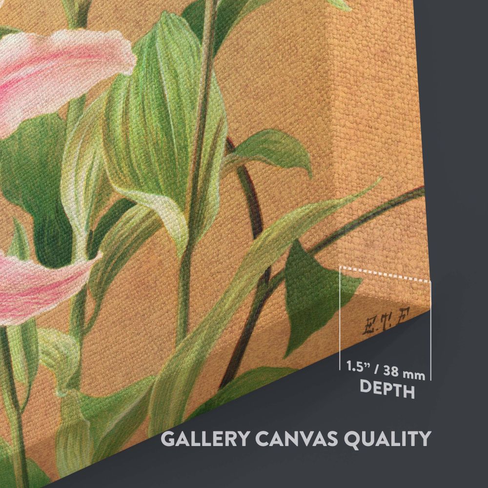 Classic botanical painting Lilies No. 5 (1886) by L. Prang & Co., featuring blooming pink lilies with speckled patterns, surrounded by verdant leaves on a warm beige canvas, a vintage floral masterpiece ideal for sophisticated home or office decoration.
