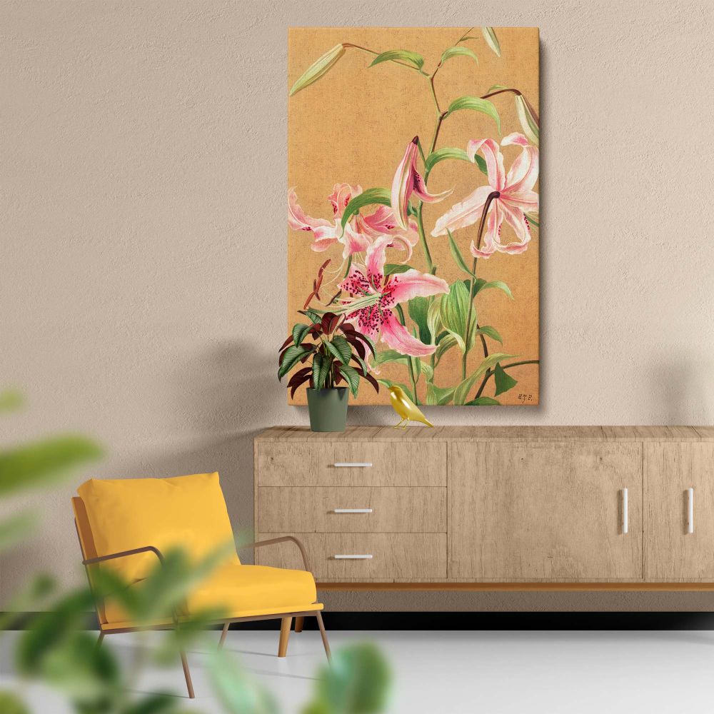 Detailed vintage floral artwork Lilies No. 5 by L. Prang & Co. (1886), showcasing delicate pink lilies with spotted petals, graceful green leaves, and a soft beige backdrop, a timeless botanical piece perfect for adding sophistication to any space.