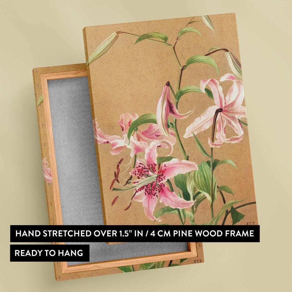 Elegant Lilies No. 5 botanical artwork by L. Prang & Co. (1886), featuring stunning pink lilies with finely dotted petals, surrounded by green foliage against a warm beige background, ideal for lovers of vintage floral prints and home decor enthusiasts.