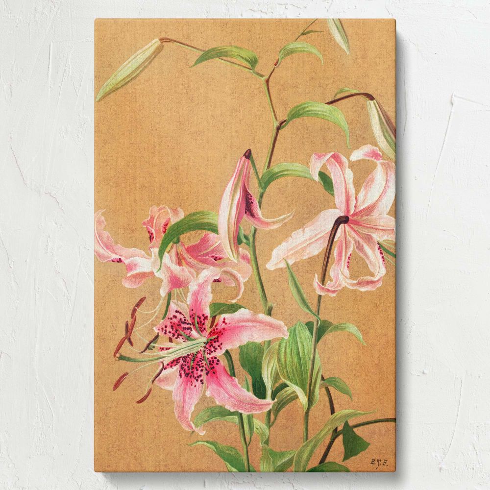 Historical botanical illustration Lilies No. 5 by L. Prang & Co. (1886), featuring pink lilies with delicate speckled details, vivid green leaves, and a beige backdrop, exemplifying vintage floral art style perfect for refined wall decor and art collector