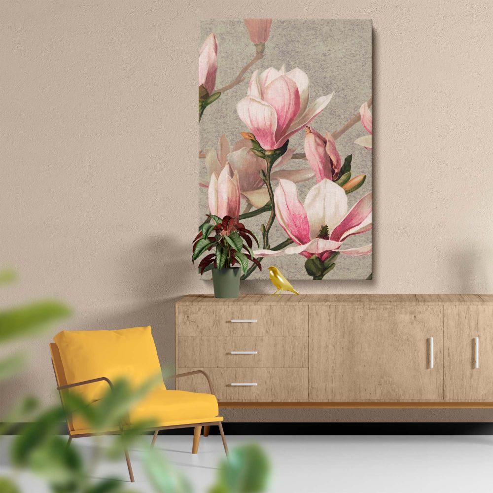 Magnolia botanical art print by L. Prang & Co. (1886), intricately showcasing soft pink flowers, lush green leaves, and a calming gray background, a vintage floral artwork perfect for refined home spaces or elegant botanical art collections.