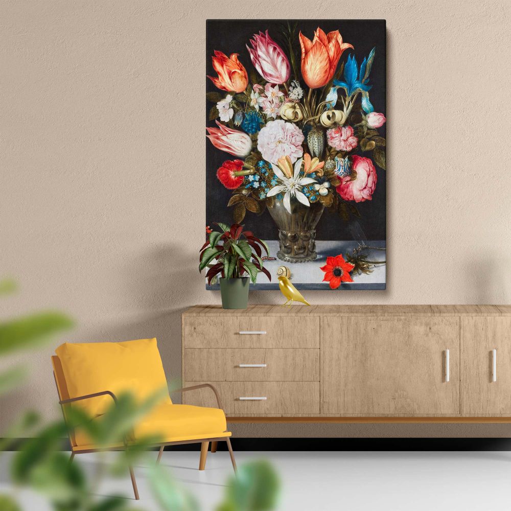 Classic painting Flowers in a Glass (1606) by Ambrosius Bosschaert, illustrating a vibrant arrangement of tulips, irises, and roses in a detailed glass vase, set on a table with insects and butterflies against a dark background for contrast and elegance.