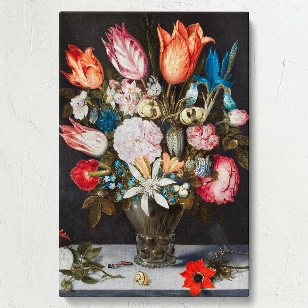 Flowers in a Glass (1606) by Ambrosius Bosschaert, an iconic Dutch still life painting featuring an intricate arrangement of tulips, wildflowers, roses, and irises in a glass vase with insects and butterflies enhancing natural realism on a dark backdrop.